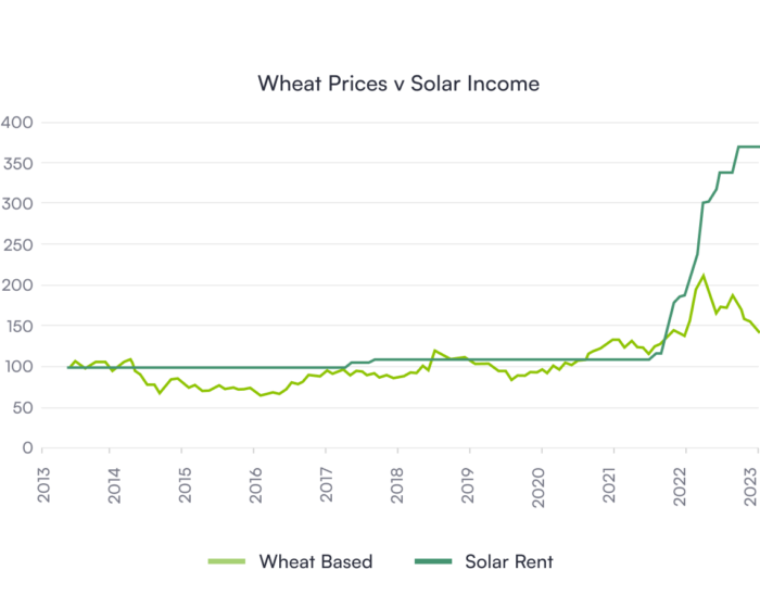 graph comparing wheat prices vs solar income from 2013-2023